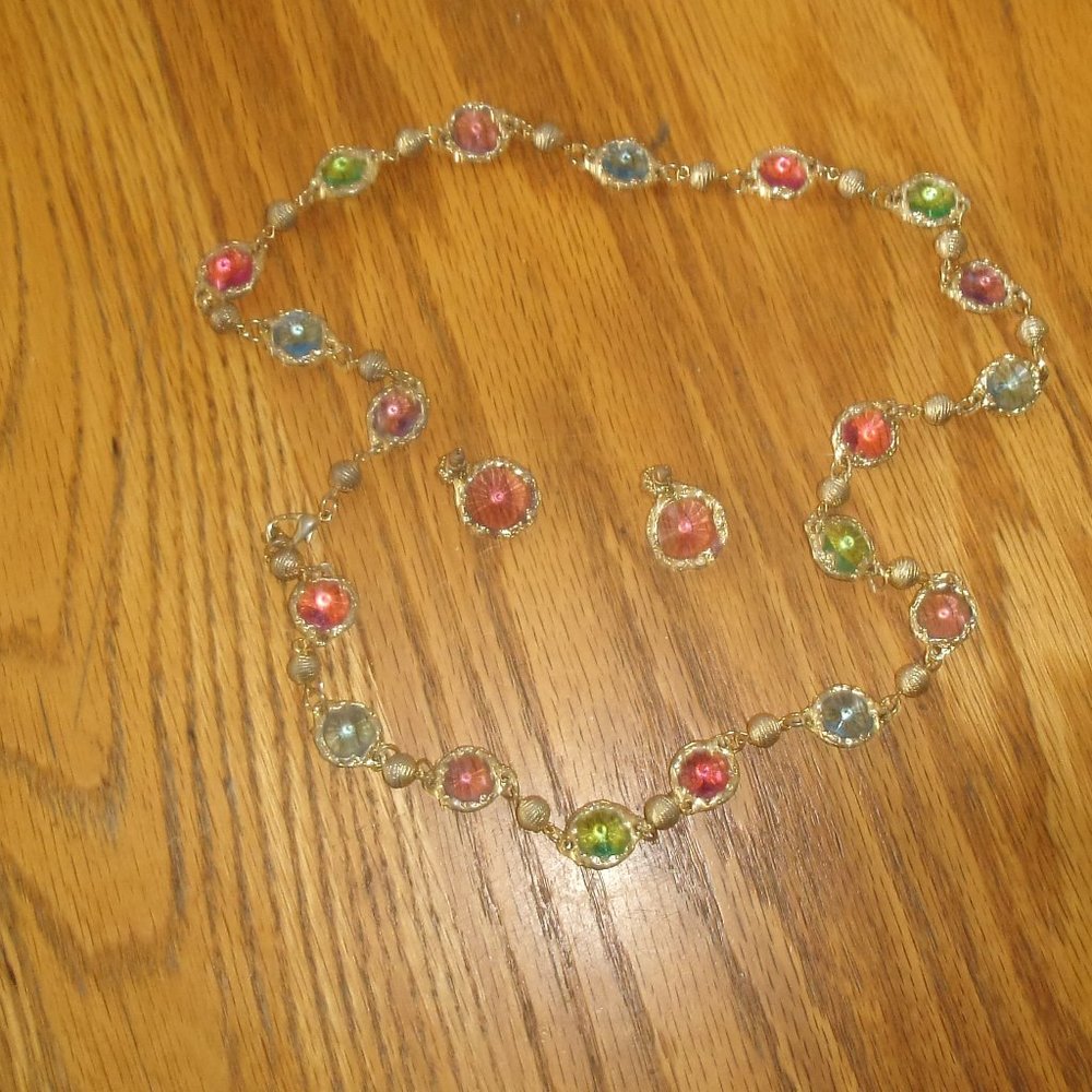 Necklace pierced earrings set gold tone colorful glass inserts dangles